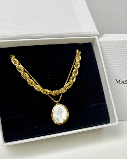 18K Gold Rope Chain + Oval Pearl Pendant Necklace Stack Bundle