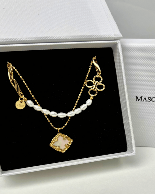 18K Gold Pearl Chain + Shell Pendant Necklace Stack Bundle