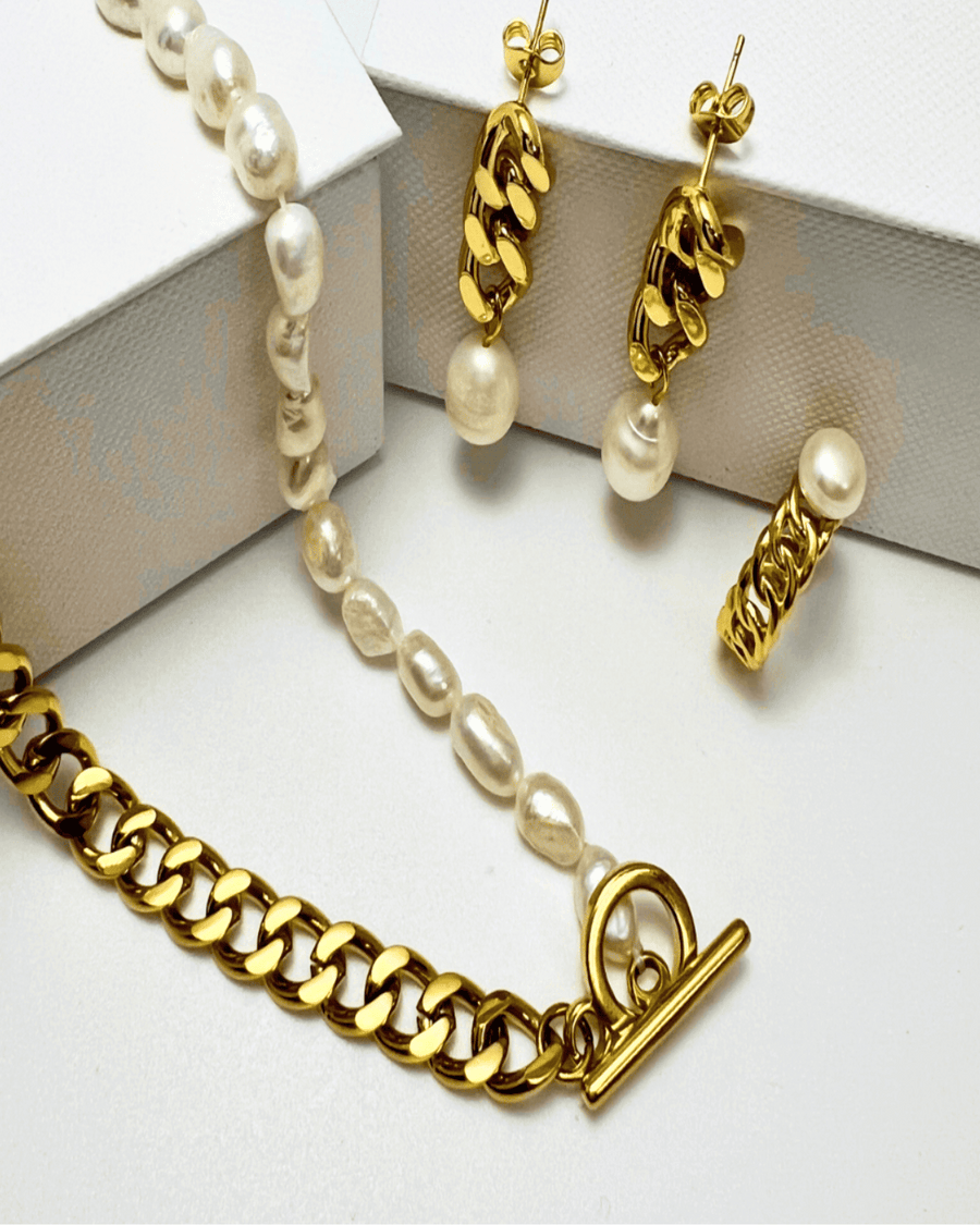 18K Pearl Chain Necklace Earrings Ring Bundle Set - MADISON PEARL DUET™ Elegance