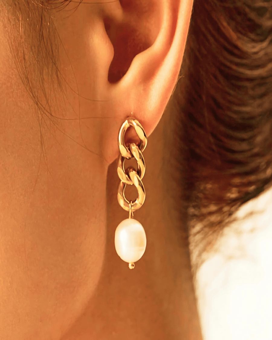 18K Pearl Drop Earrings with Gold Chain - MADISON PEARL DUET™