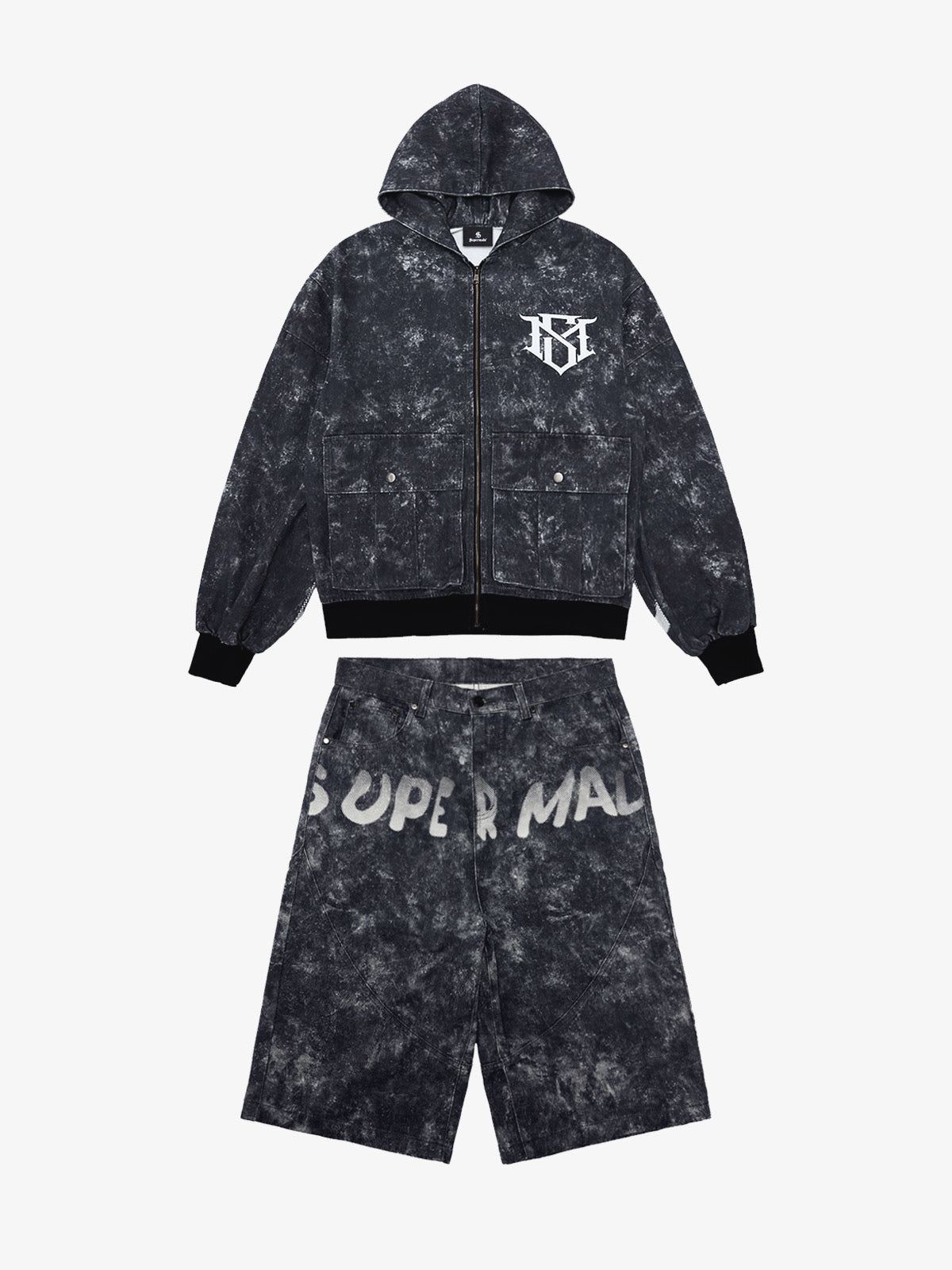 Original Oversized Denim Hoodie And Shorts Set - 2583 - Black / M / Set