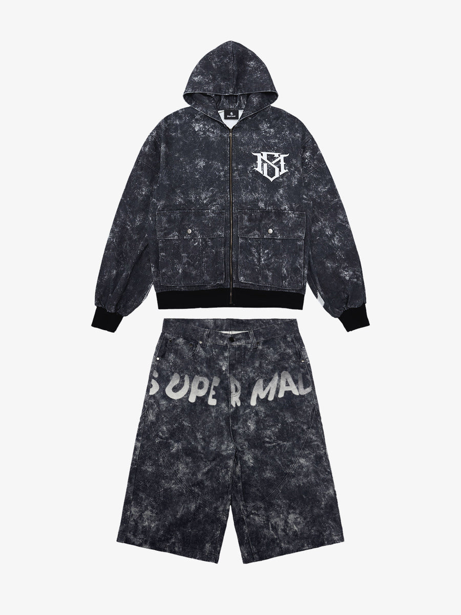 Original Oversized Denim Hoodie And Shorts Set - 2583 - Black / M / Set