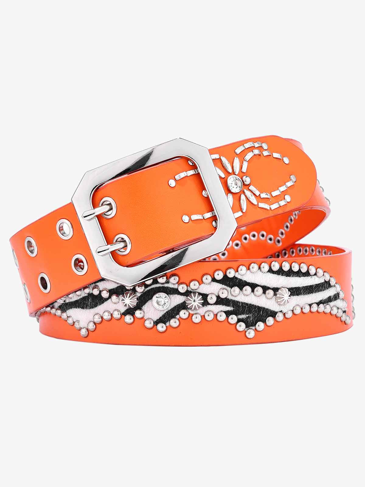Retro Studded Zebra Pattern Wide Leather Belt - Orange / 105CM