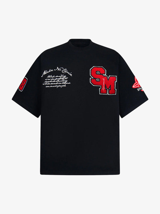 Retro Motorcycle Style Heavy Patch Embroidered T-shirt - Black / M