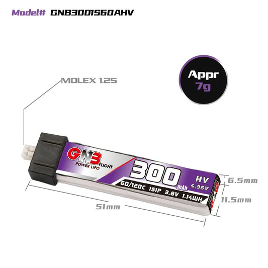 GNB/GAONENG 300mAh 1S 3.8V HV 60C battery with Head cover Molex 1.25 Connector(Pack of 6)
