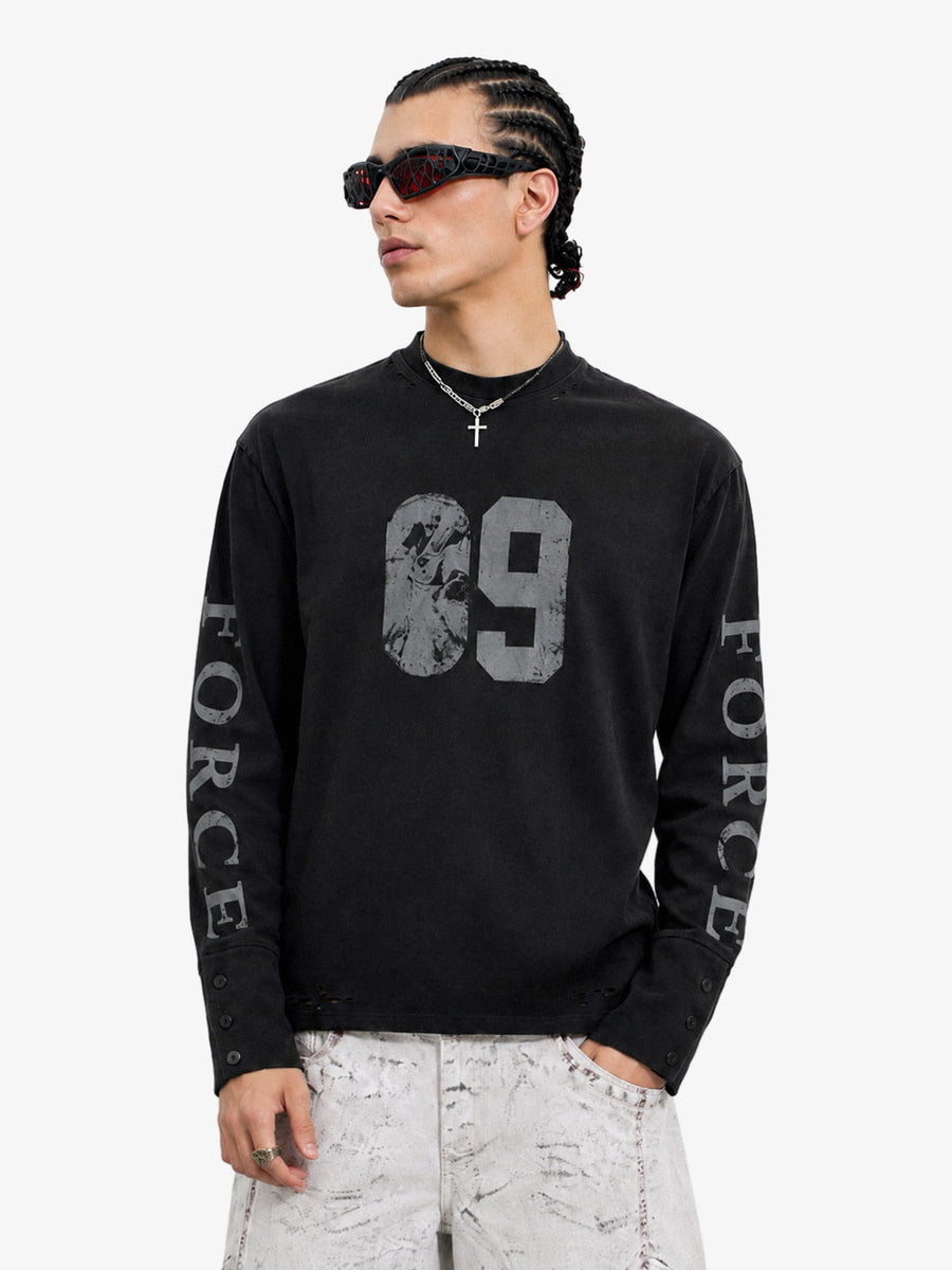 Distressed NO. 09 Long Sleeve T-Shirt - Black / S