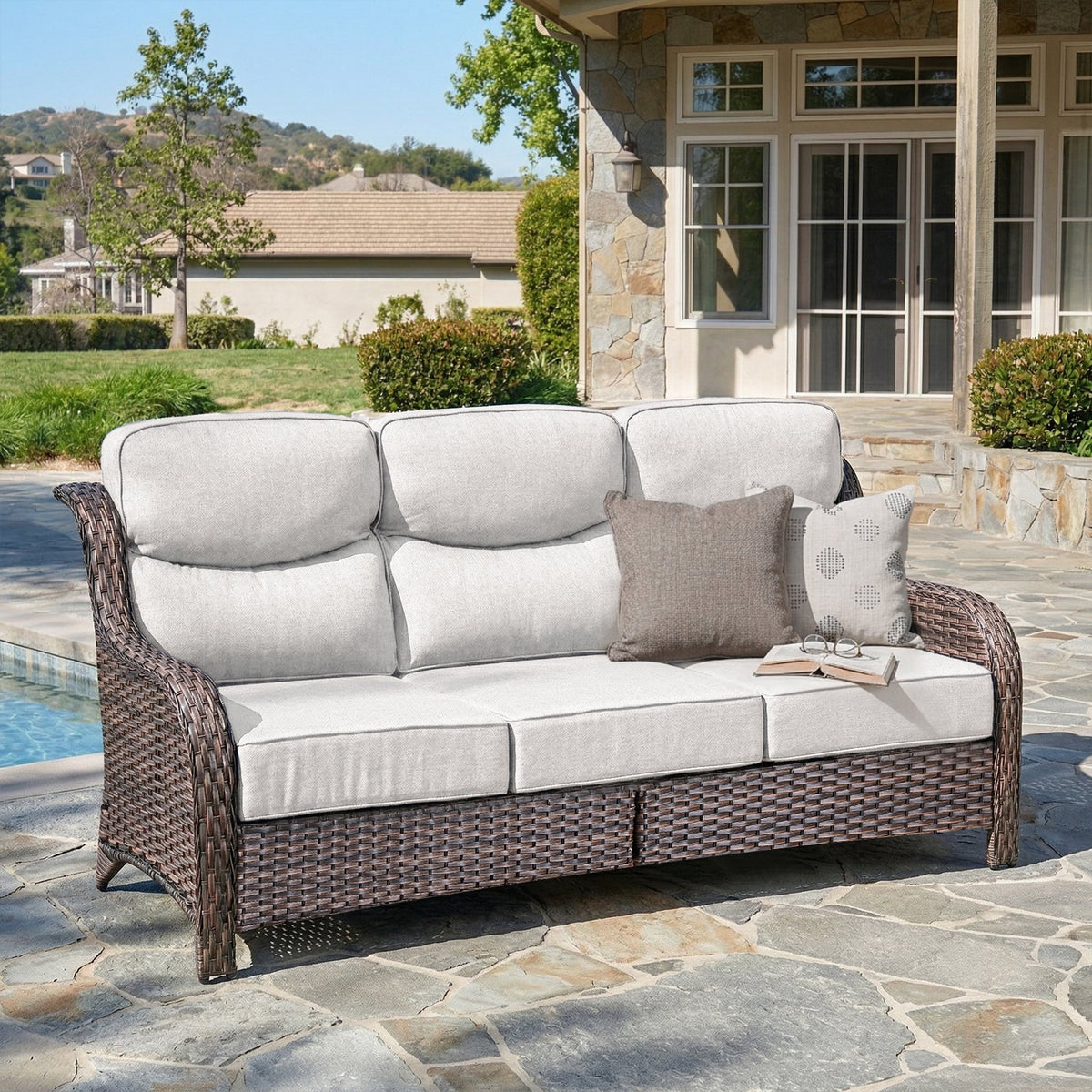Oversized 3-Seater Wicker Sofa, High Back & 6" Cushions, NT Series - Brown Wicker / Beige Cushion