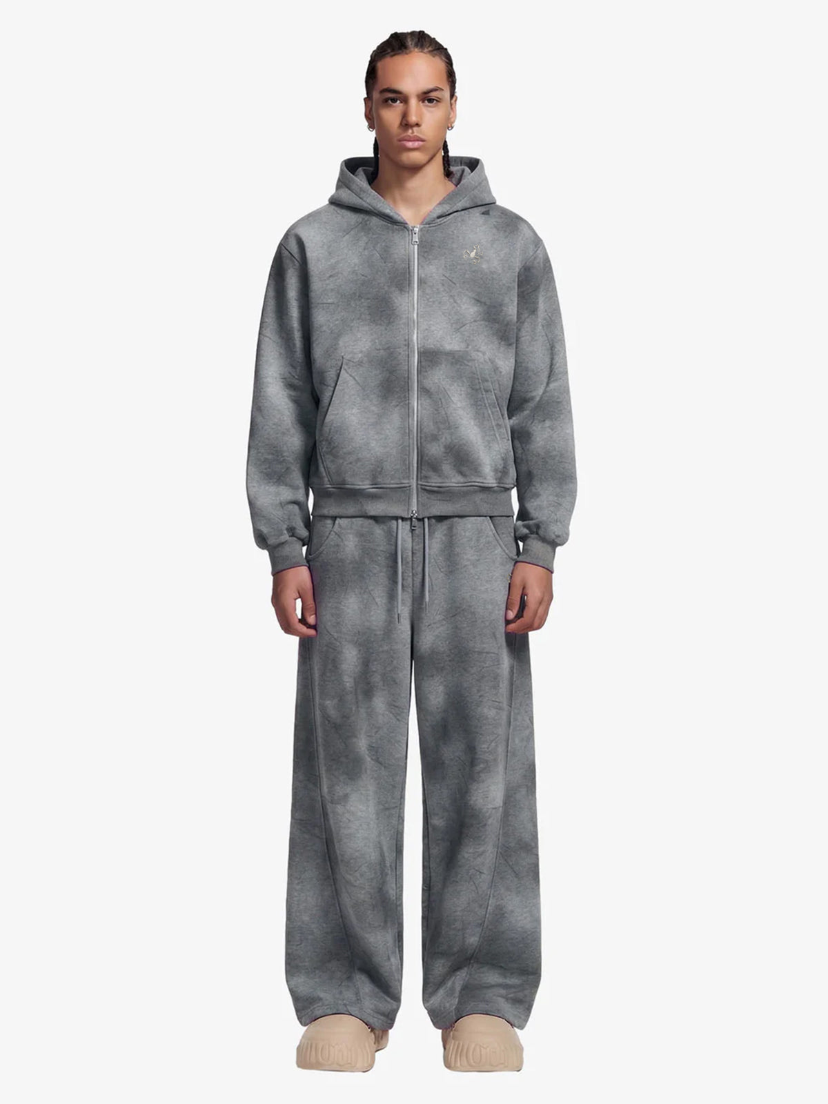 Vintage Washed Tie-Dye Zip Up Hoodie & Barrel Sweatpants Tracksuit - Gray / S
