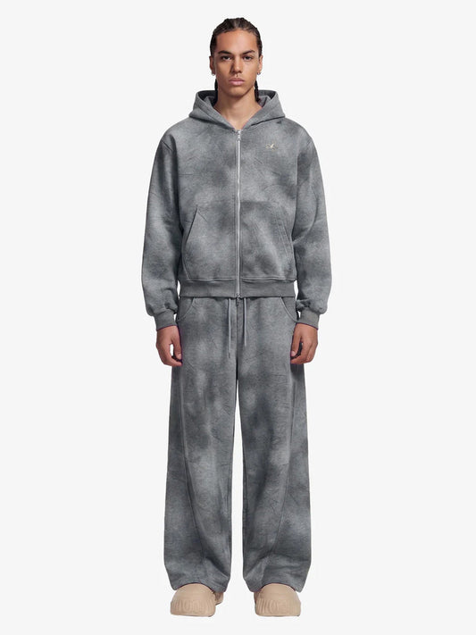 Vintage Washed Tie-Dye Zip Up Hoodie & Barrel Sweatpants Tracksuit - Gray / S