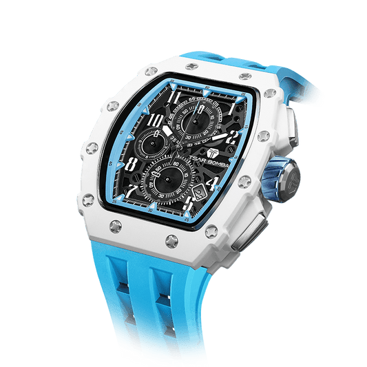 TSAR BOMBA schwarze Uhr – Herren-Quarzchronograph mit Bio-Keramik-Lünette, Edelstahlgehäuse, Saphirglas, 50 m Wasserdichtigkeit und Silikonarmband. Bl