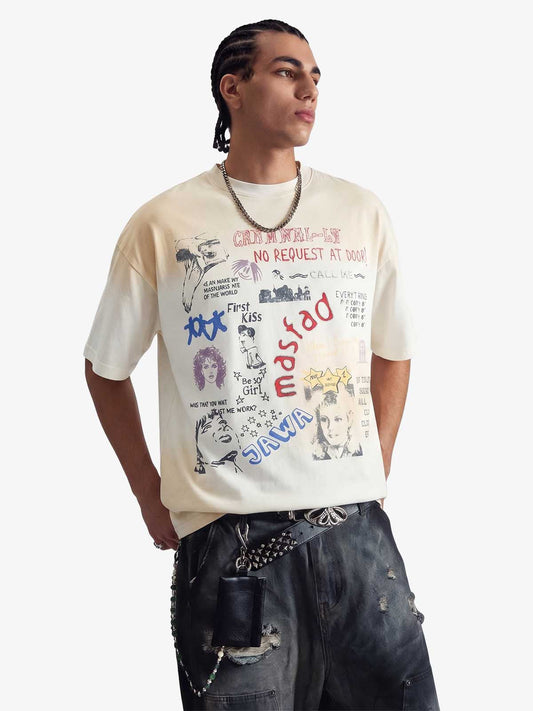 Graffiti Collage Mixed Graphic T-Shirt - White / M