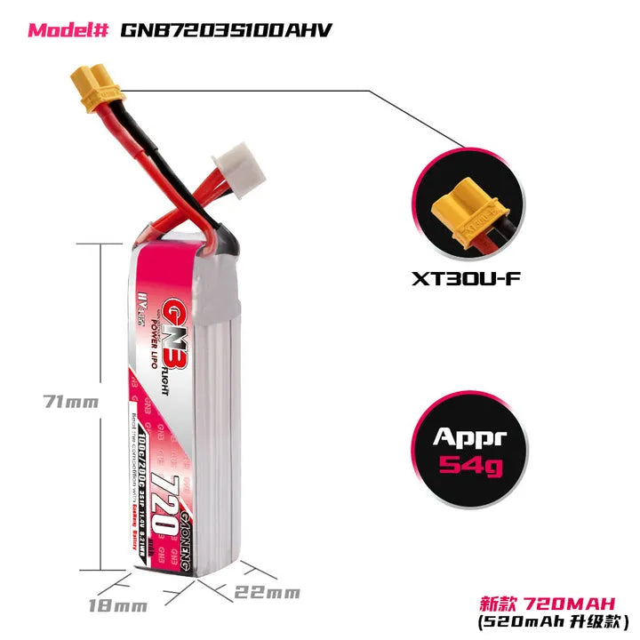 GAONENG/GNB 720mAh 11.4V 3S 100C HV Lipo Battery XT30 Plug(Pack of 2)