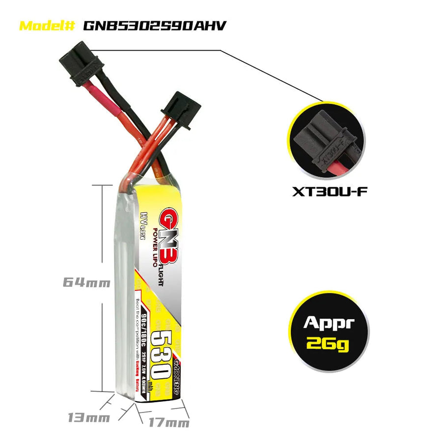 GAONENG/GNB 530mah 2S 7.6V HV 90C LiPo Battery XT30 Plug(Pack of 2)