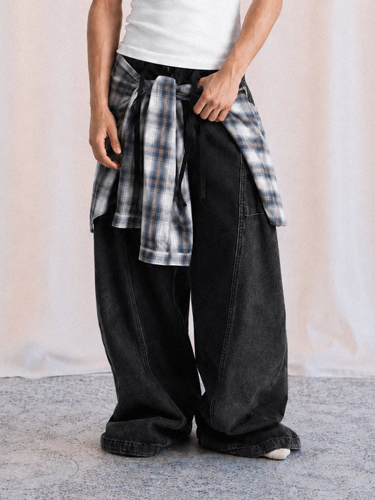 Denim Faux Two-piece Plaid Detachable Scimitar Jeans - 2435 - Black / S