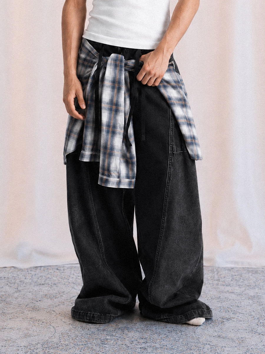 Denim Faux Two-piece Plaid Detachable Scimitar Jeans - 2435 - Black / S