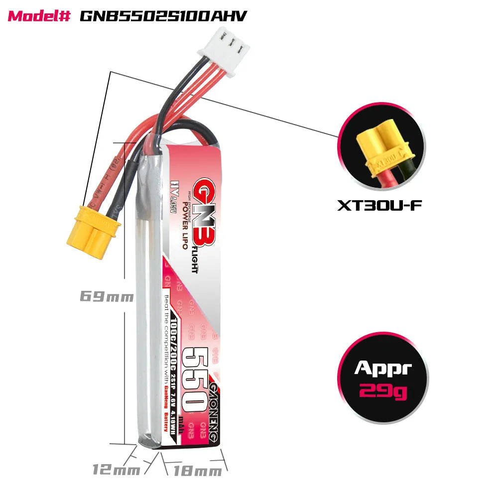 GAONENG/GNB 550mah 7.6V 2S 100C HV Lipo Battery XT30 Plug(Pack of 2)