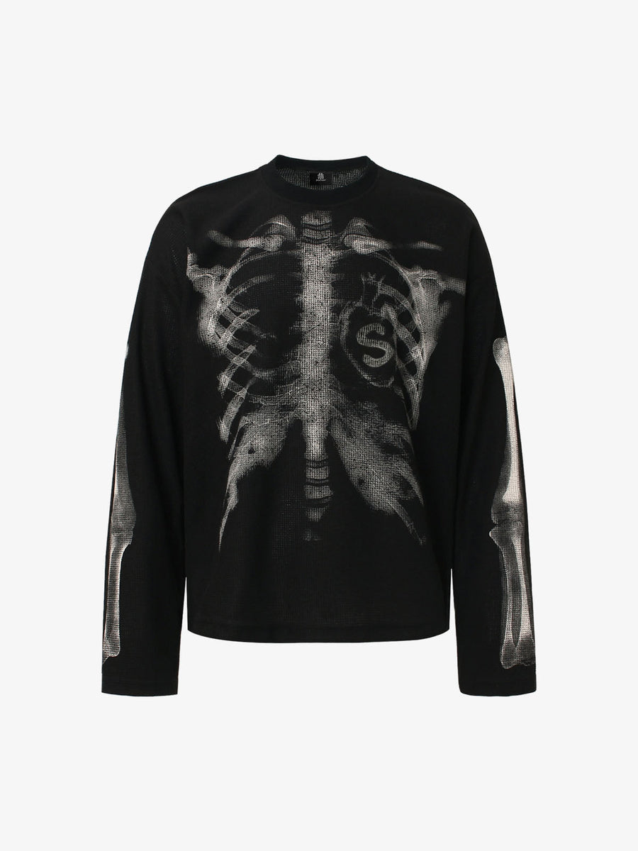 Skeleton Graphic Waffle Sweatshirt - 2495 - Black / S