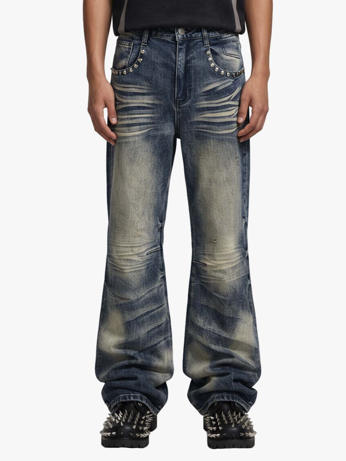 Vintage Washed Studded Pocket Flared Jeans - 2617 - Blue / S