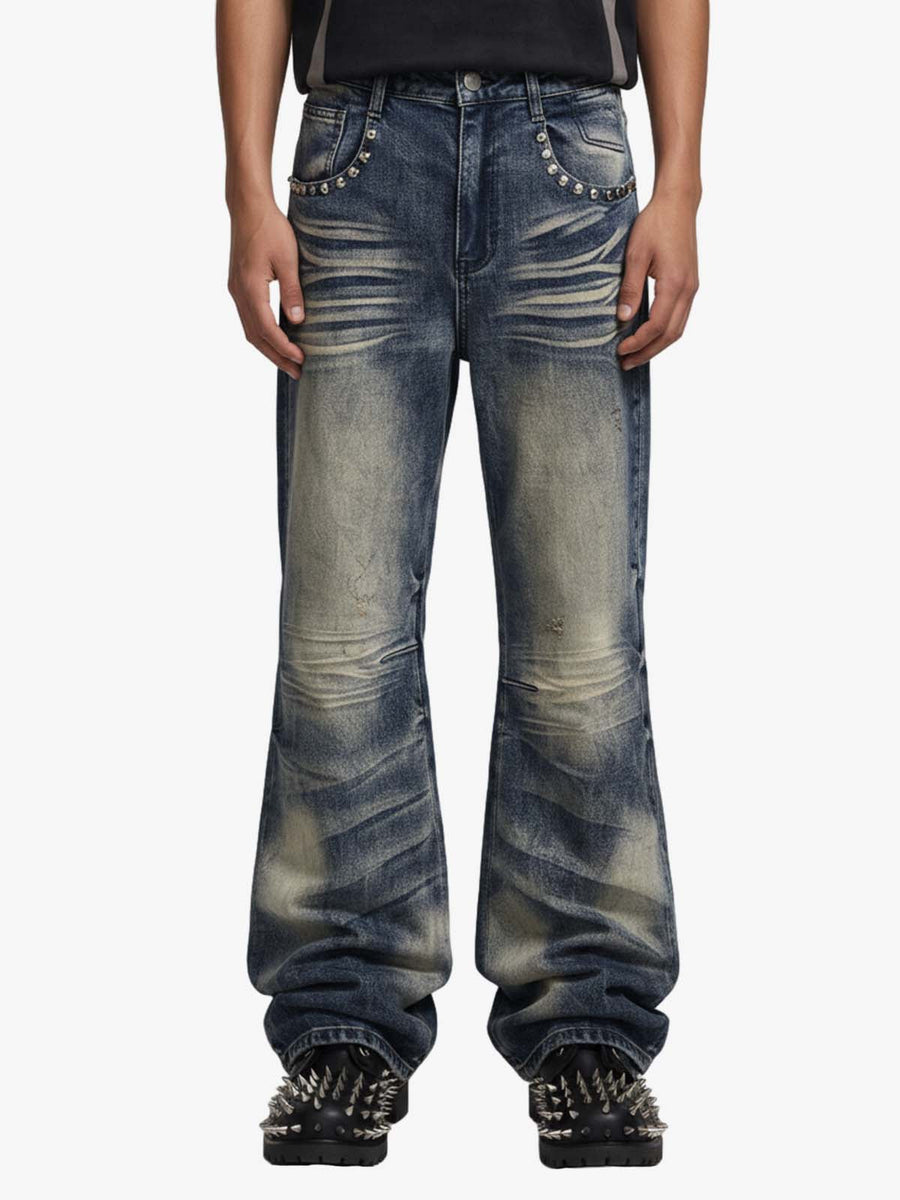 Vintage Washed Studded Pocket Flared Jeans - 2617 - Blue / S