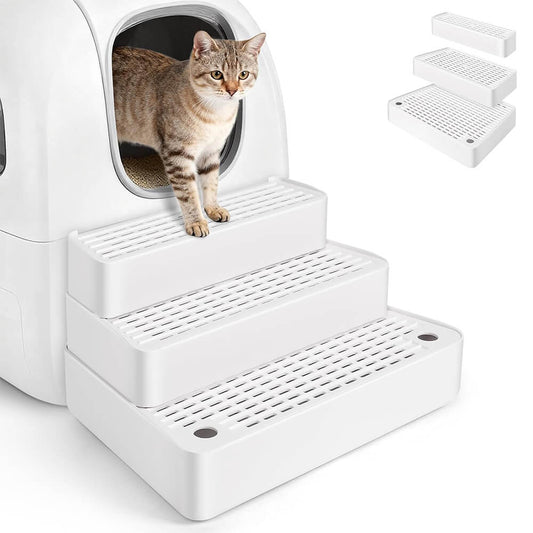 Extra Large Adjustable 3-Step Cat Litter Box Ramp with Filter-White - White