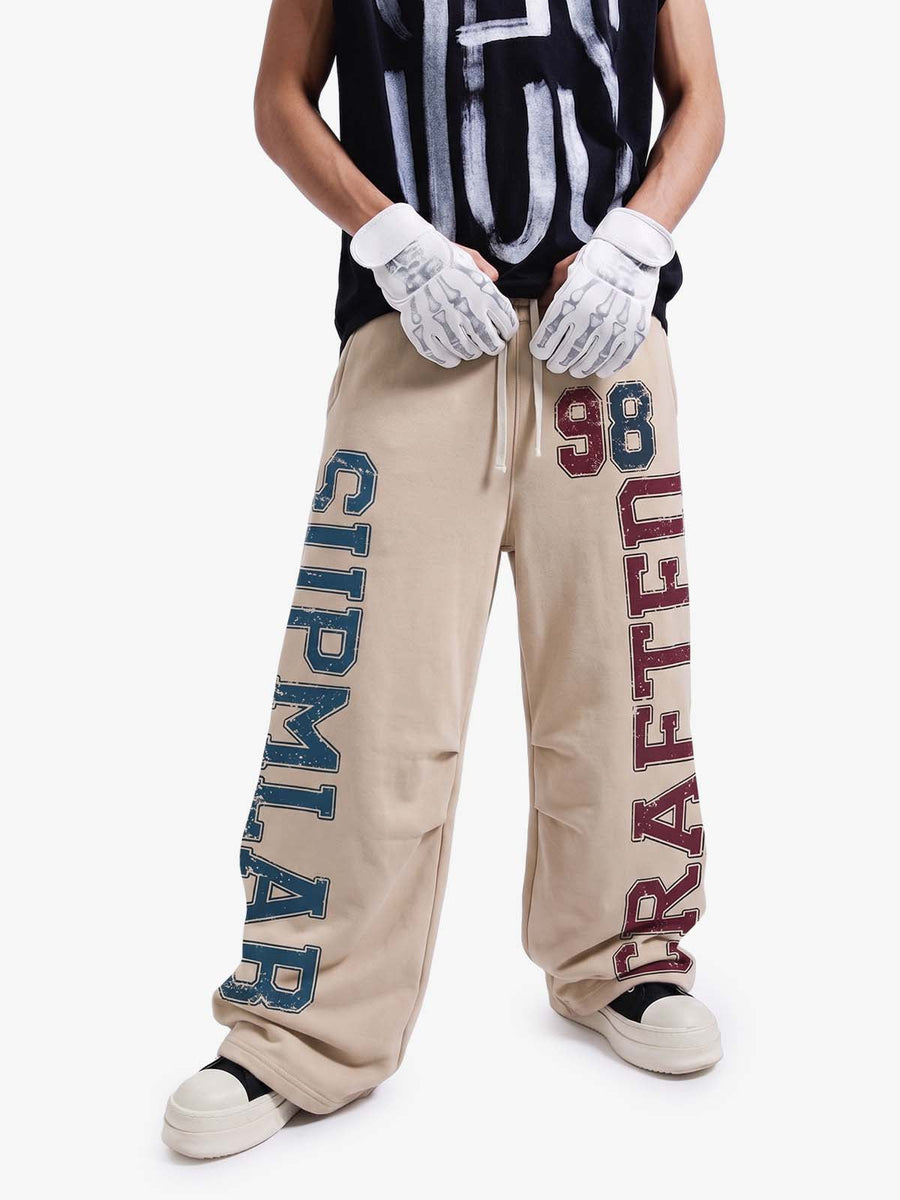 Retro Color-Block Letter Print Baggy Pants - Apricot / S