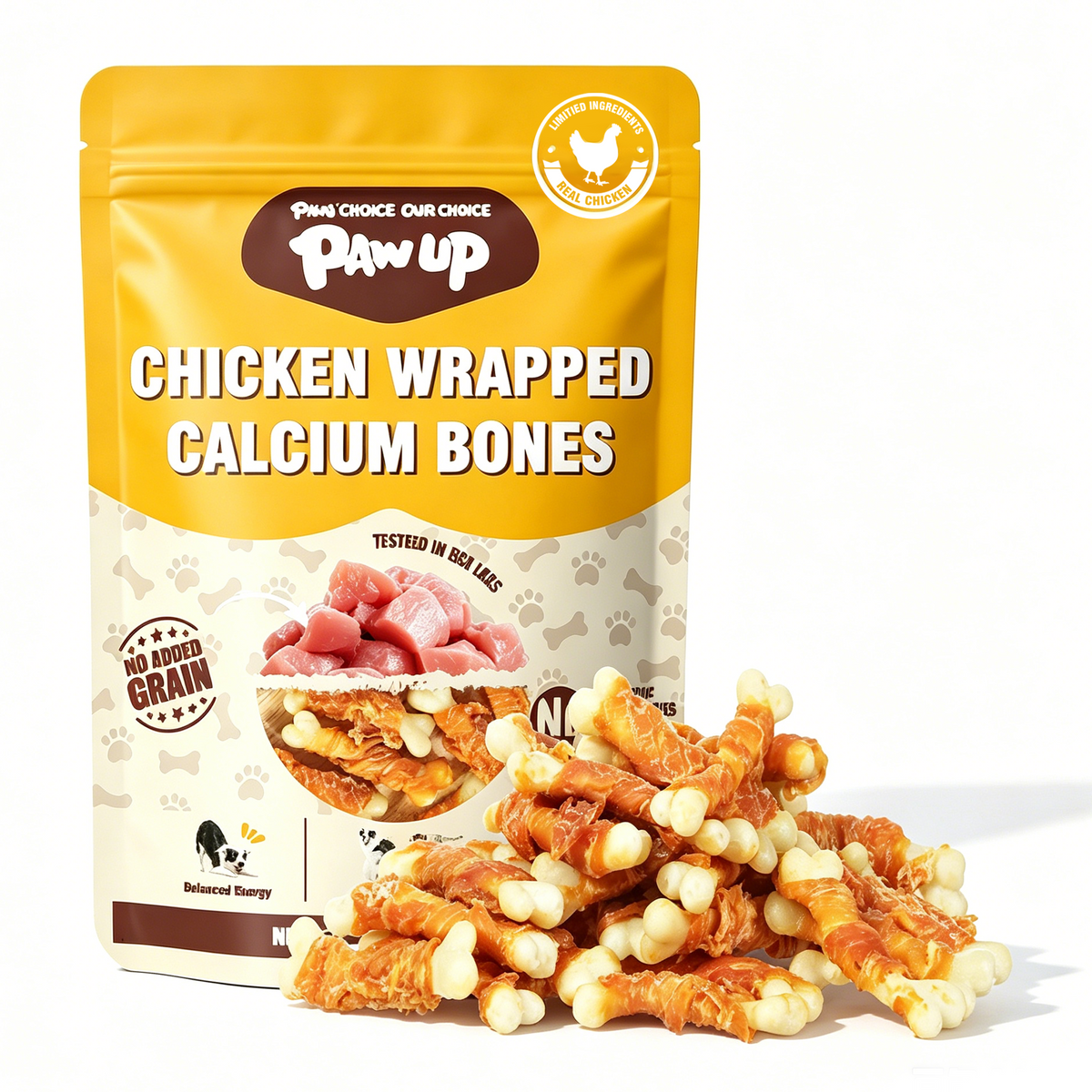 Chicken Wrapped Calcium Bone, Rawhide Free - Although chicken and calcium have many benefits, be careful not to overeat. / Taurine Add / 10-100 lbs