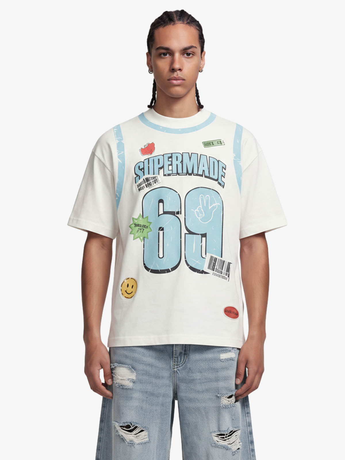 Distressed Number 69 Graphic Print T-Shirt - White / S