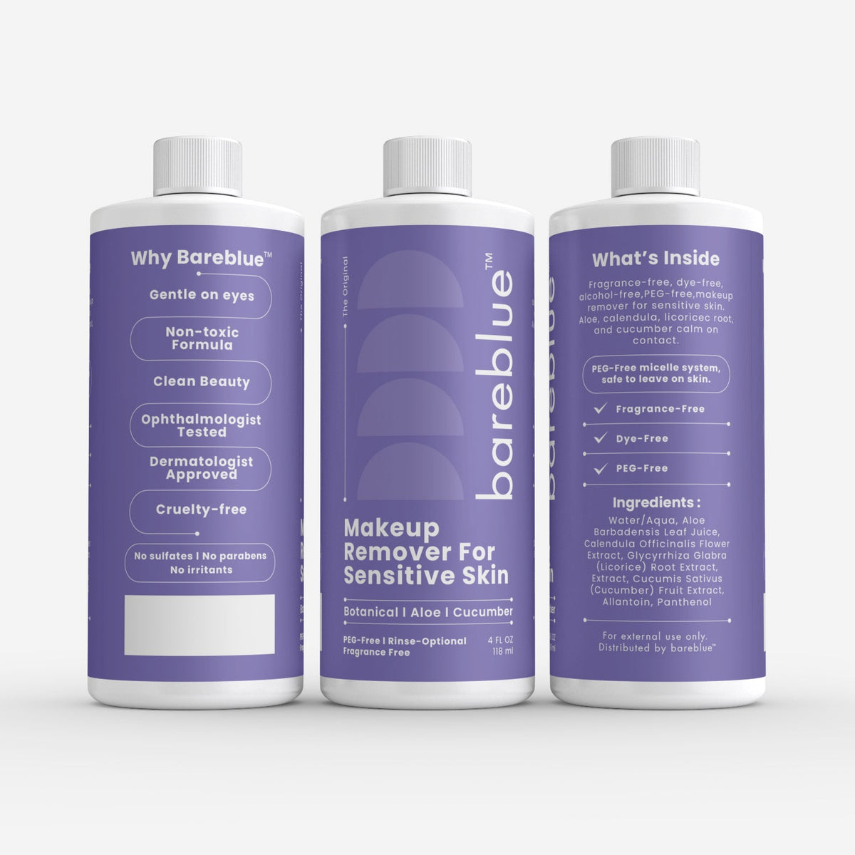 Bareblue Makeup Remover for Sensitive Skin, Fragrance Free, Non-Toxic Formula, Botanical, Aloe, Cucumber
