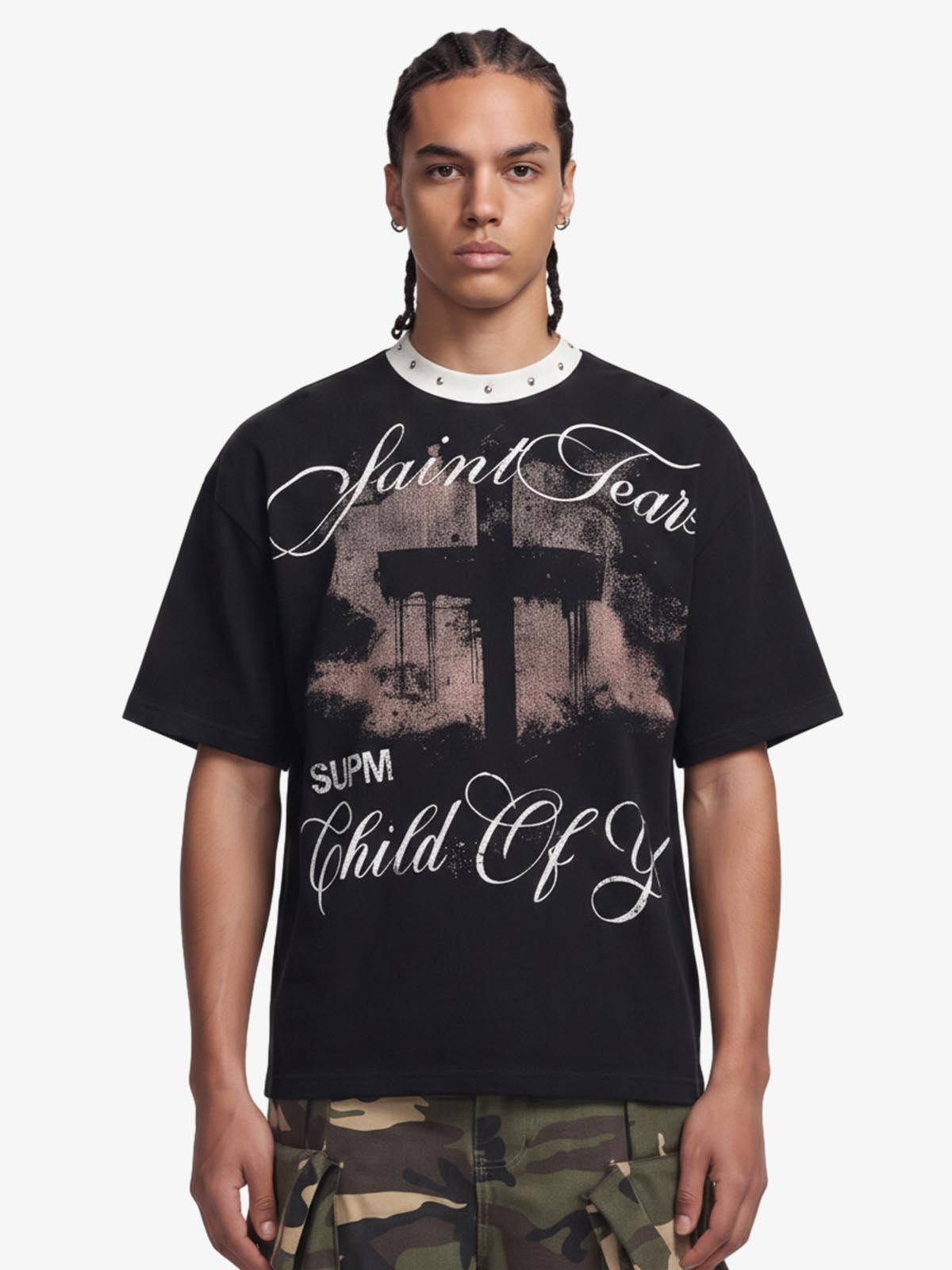 Gothic Cross Print Studded Collar Waffle Knit Graphic T-Shirt - Black / S