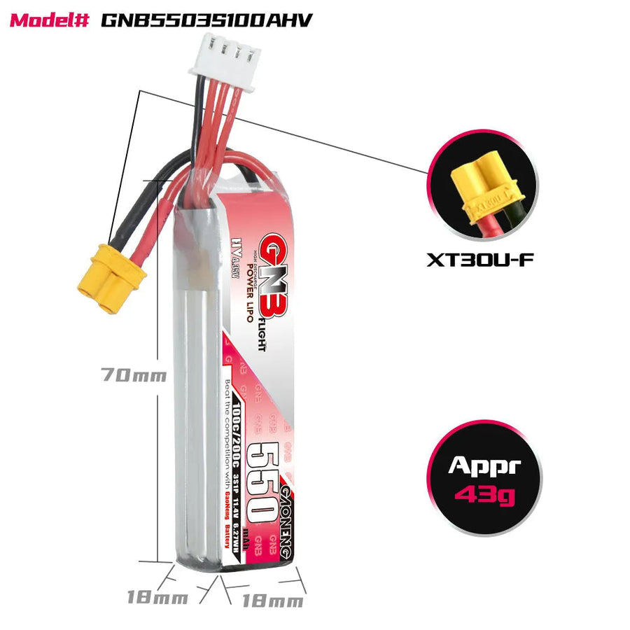 GAONENG/GNB 550mah 11.4V 3S 100C HV Lipo Battery XT30 Plug(Pack of 2)