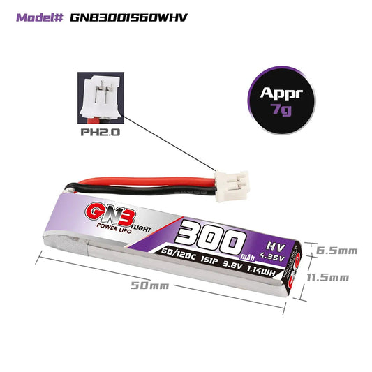 GNB/GAONENG 300mAh 1S 3.8V HV 60C  Cabled Lipo Battery with outline PH2.0 Connector(pack of 6)