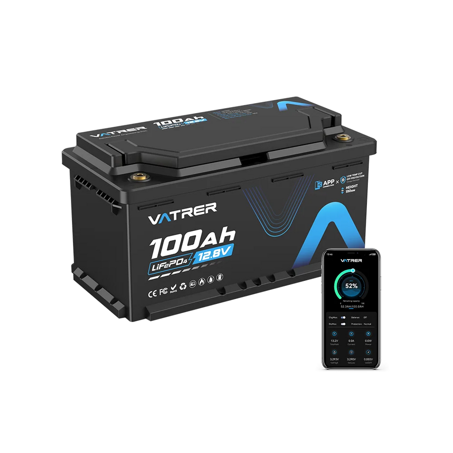 Vatrer 12V 100Ah H190 Bluetooth LiFePO4 Battery with 188mm Height 1280Wh 5000+ Cycles Lithium Battery EU - 1 Pack