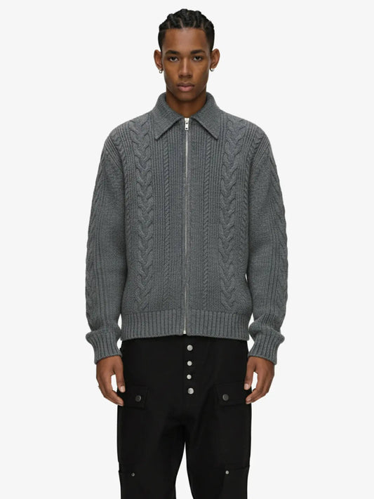 Knitted Vintage Floral Wheat Ear Pattern Double Zip Sweater - Gray / M