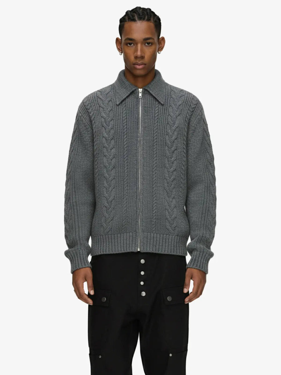 Knitted Vintage Floral Wheat Ear Pattern Double Zip Sweater - Gray / M