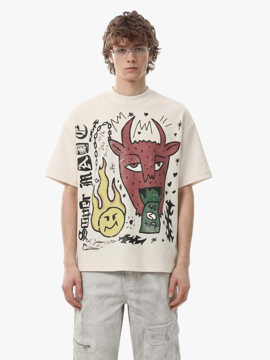 Waffle Knit Graffiti Devil Graphic Oversized T-Shirt - Apricot / M
