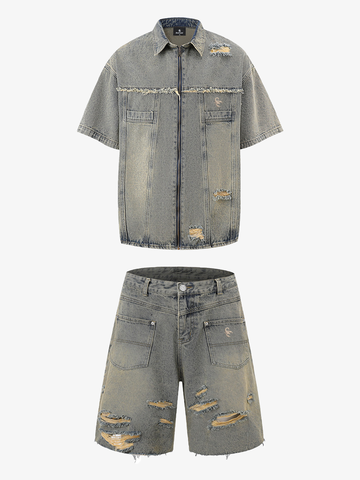 Ripped Denim Distressed Suit - 2460 - Gray blue / M / Set