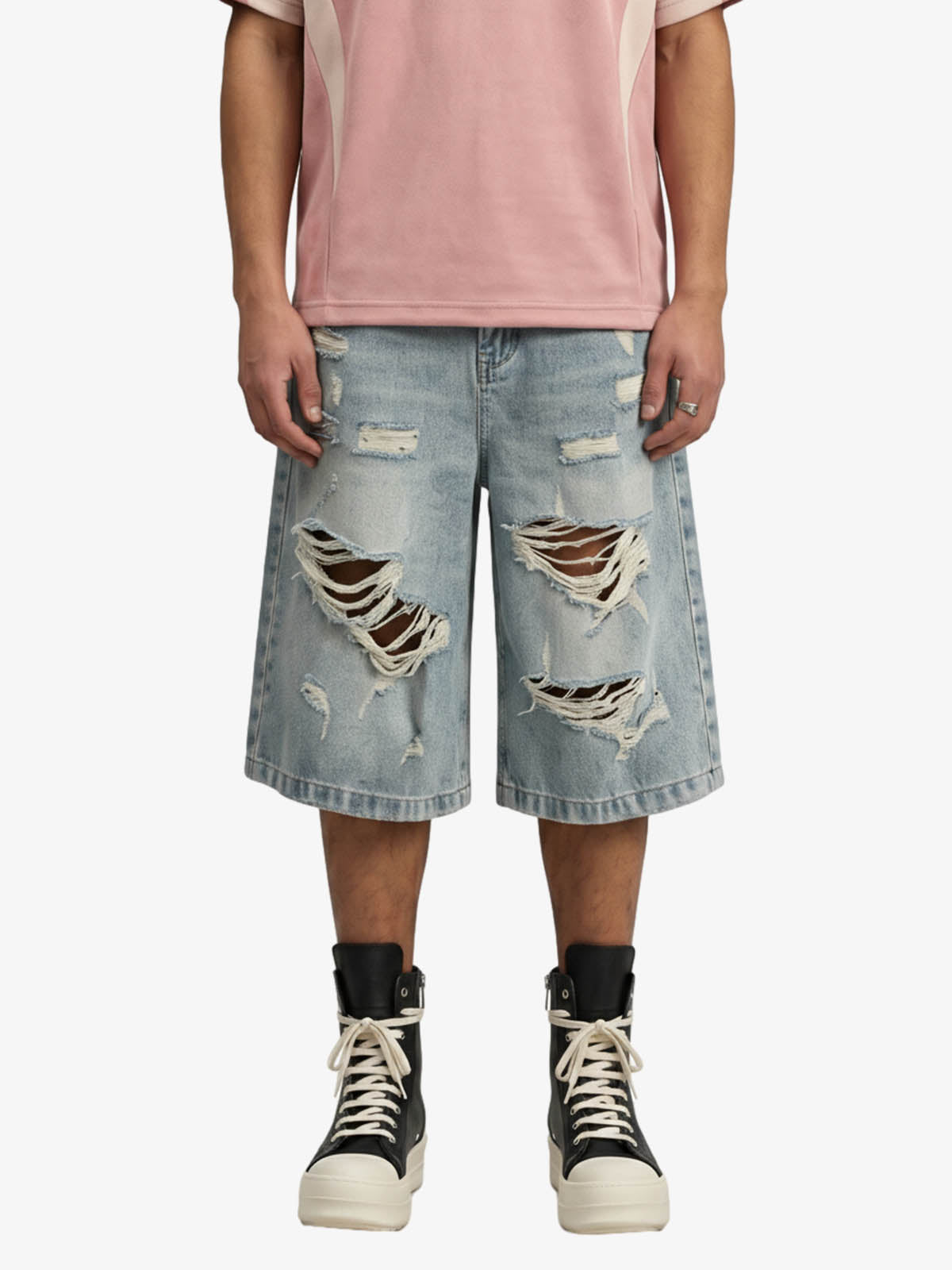 Distressed Washed Ripped Denim Jort - Blue / S
