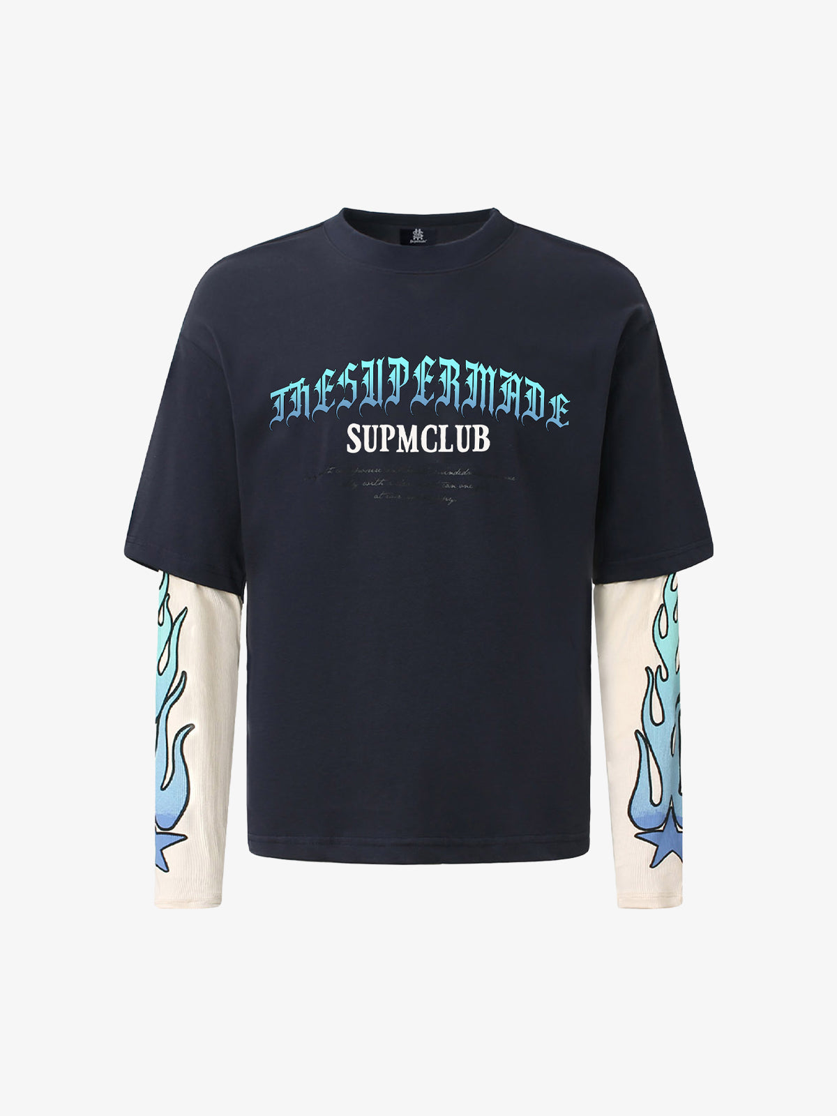 Gradient Letter Print Patchwork Faux Two-Piece Long-Sleeved T-Shirt - Sapphire Blue / M