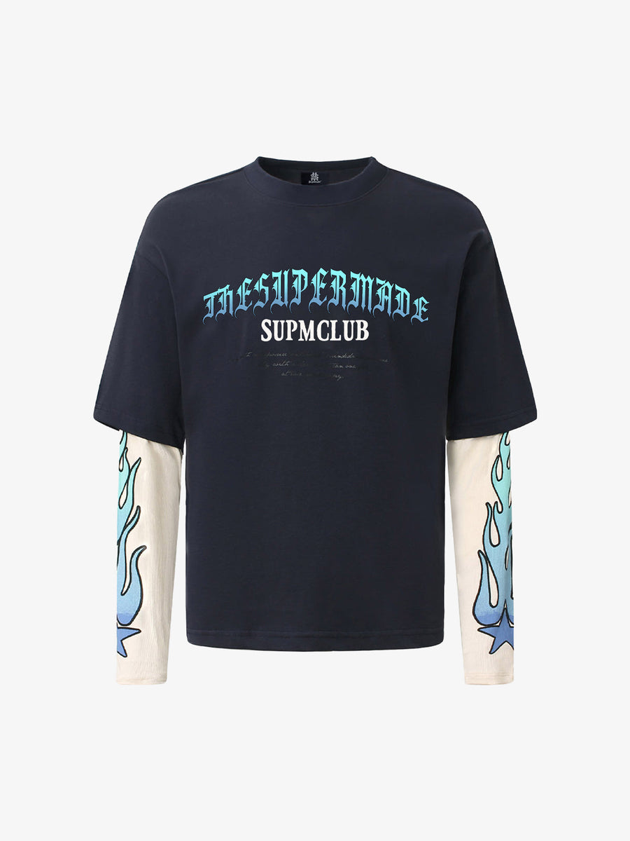 Gradient Letter Print Patchwork Faux Two-Piece Long-Sleeved T-Shirt - Sapphire Blue / M