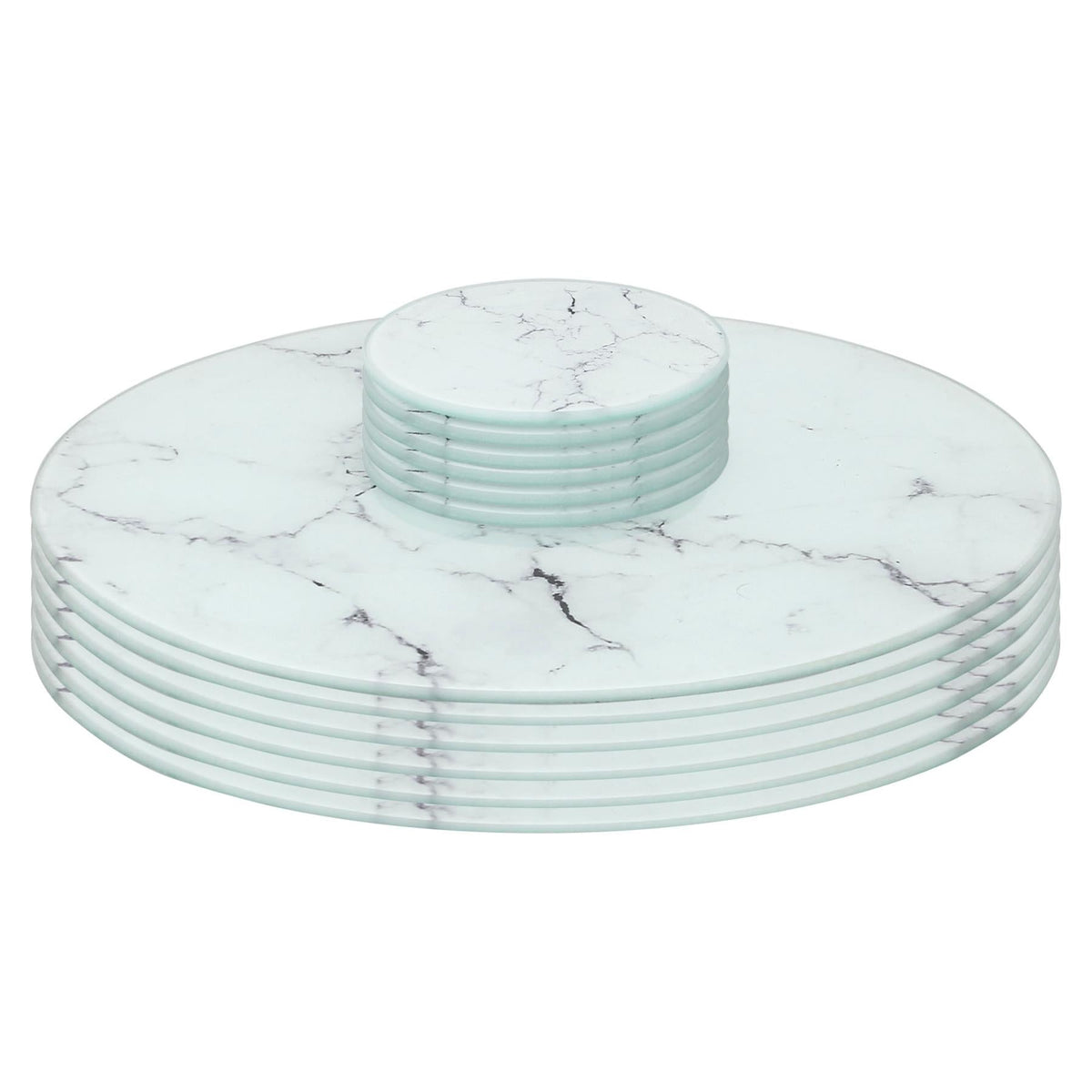 12pc Round Glass Placemats & Round Coasters Set - 30cm - Marble - White Marble