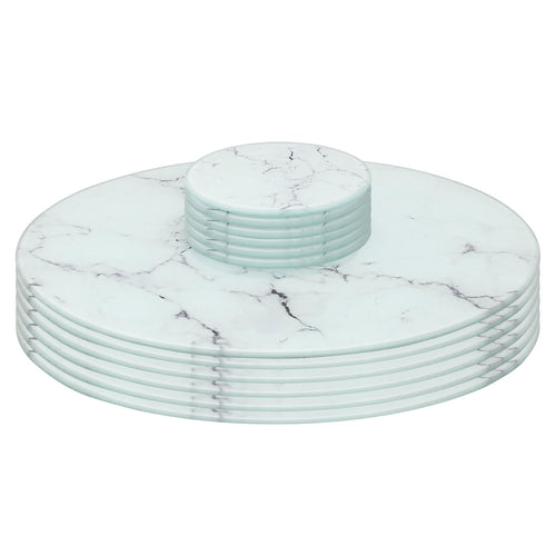 12pc Round Glass Placemats & Round Coasters Set - 30cm - Marble - White Marble