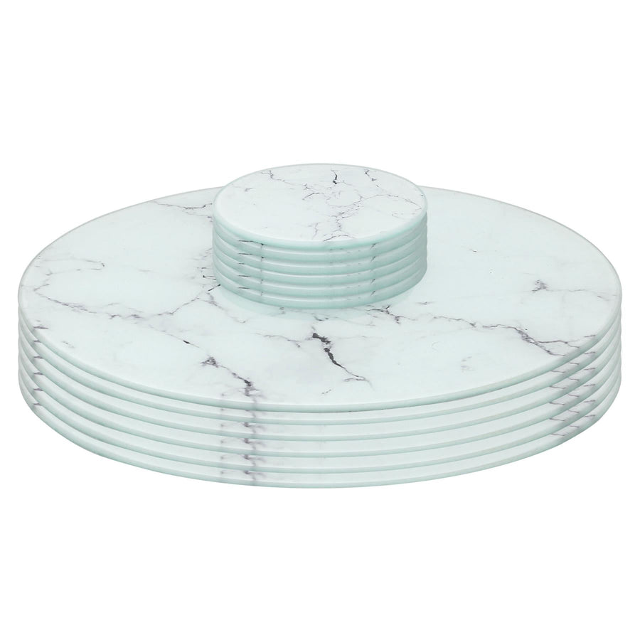 12pc Round Glass Placemats & Round Coasters Set - 30cm - Marble - White Marble