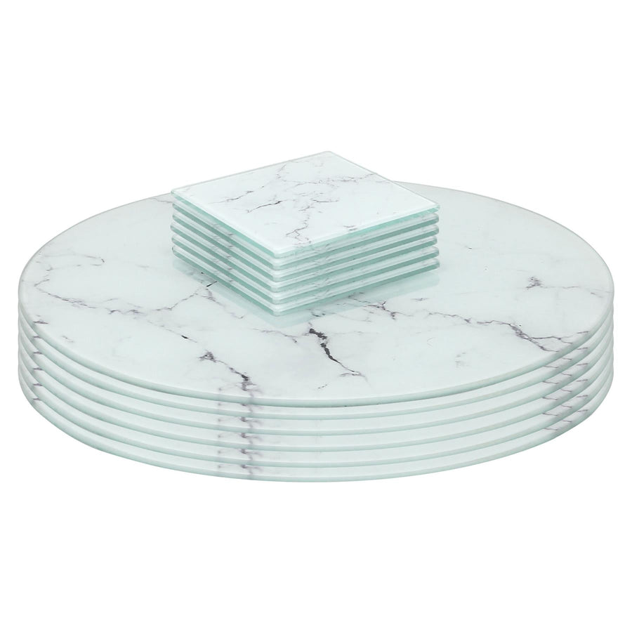 12pc Round Glass Placemats & Square Coasters Set - 30cm - Marble - White Marble