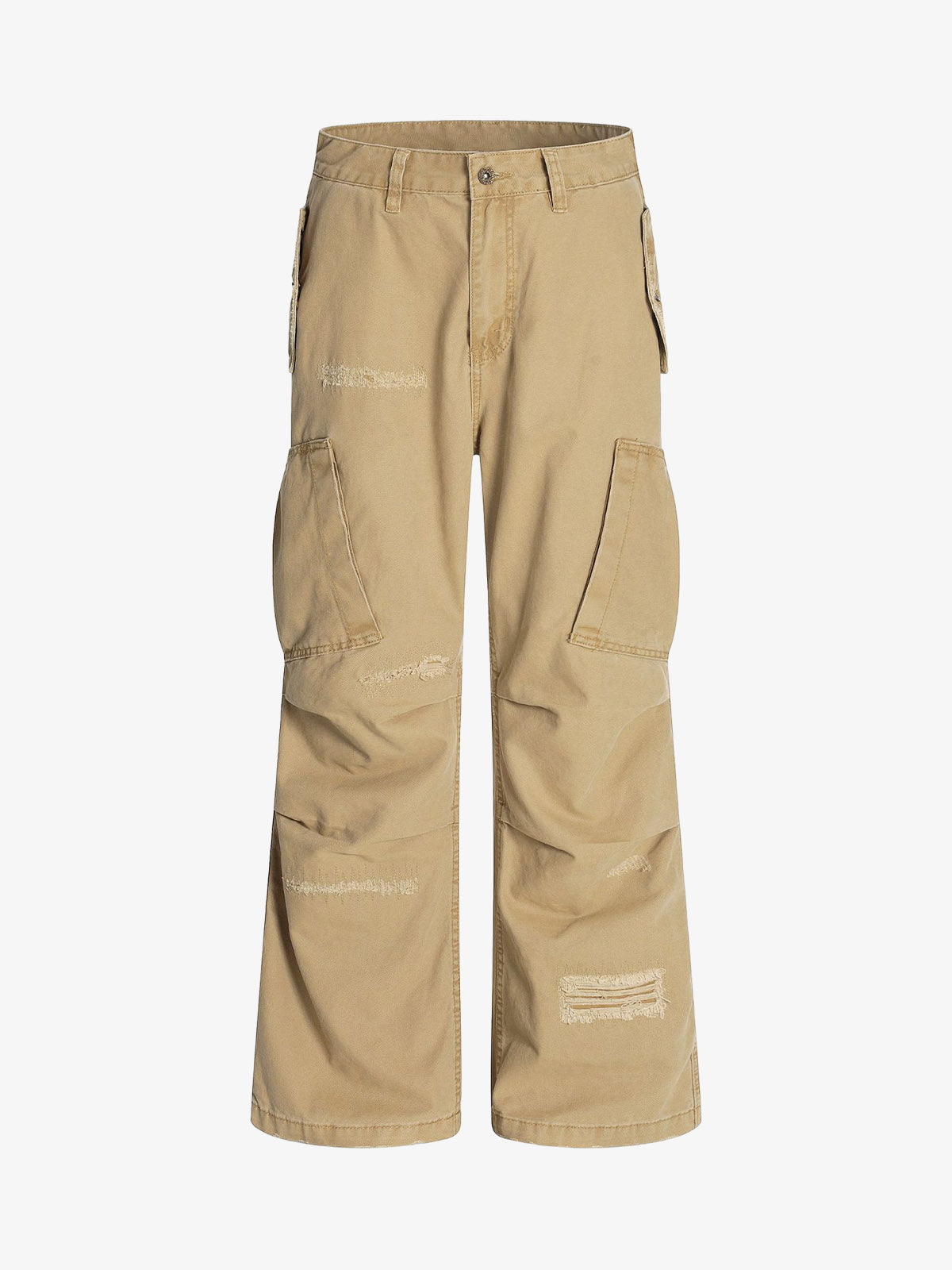 Cotton Hole Patch Pleated Multi-Pocket Cargo Casual Pants - Khaki / S