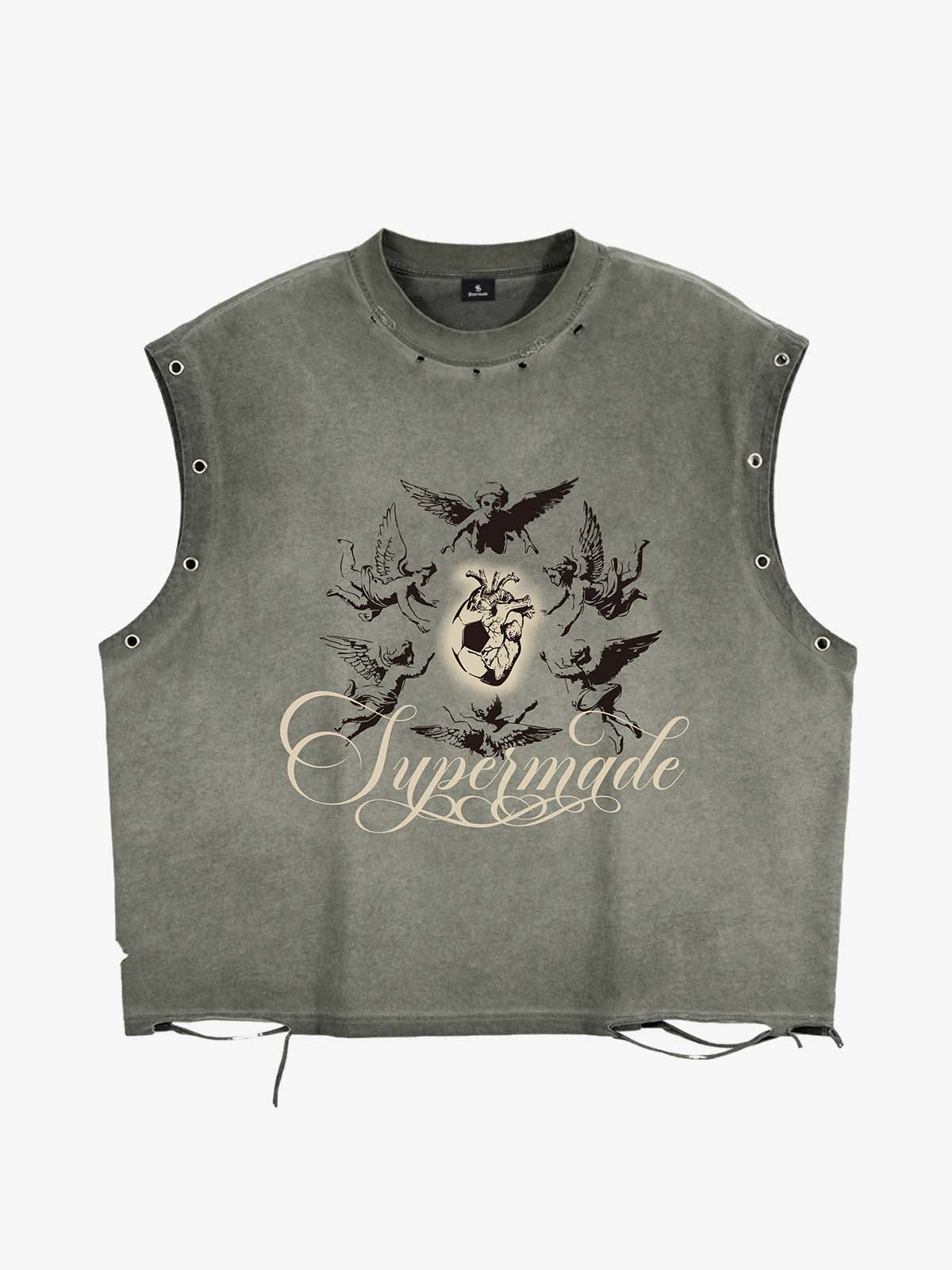 Vintage Washed Cherub Soccer Heart Graphic Sleeveless T-Shirt - 2640 - Gray Green / M