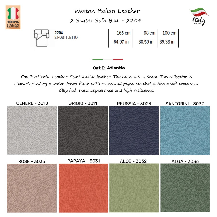Weston Italian Leather Easy Open Sofa Bed - Choice Of Sizes & Leathers - 2 Seater Sofa Bed - 2204 / Cenere - 3018 - Cat E