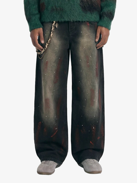 Vintage Inkjet Dirty Dye Washed Scimitar Distressed Jeans - Black / S