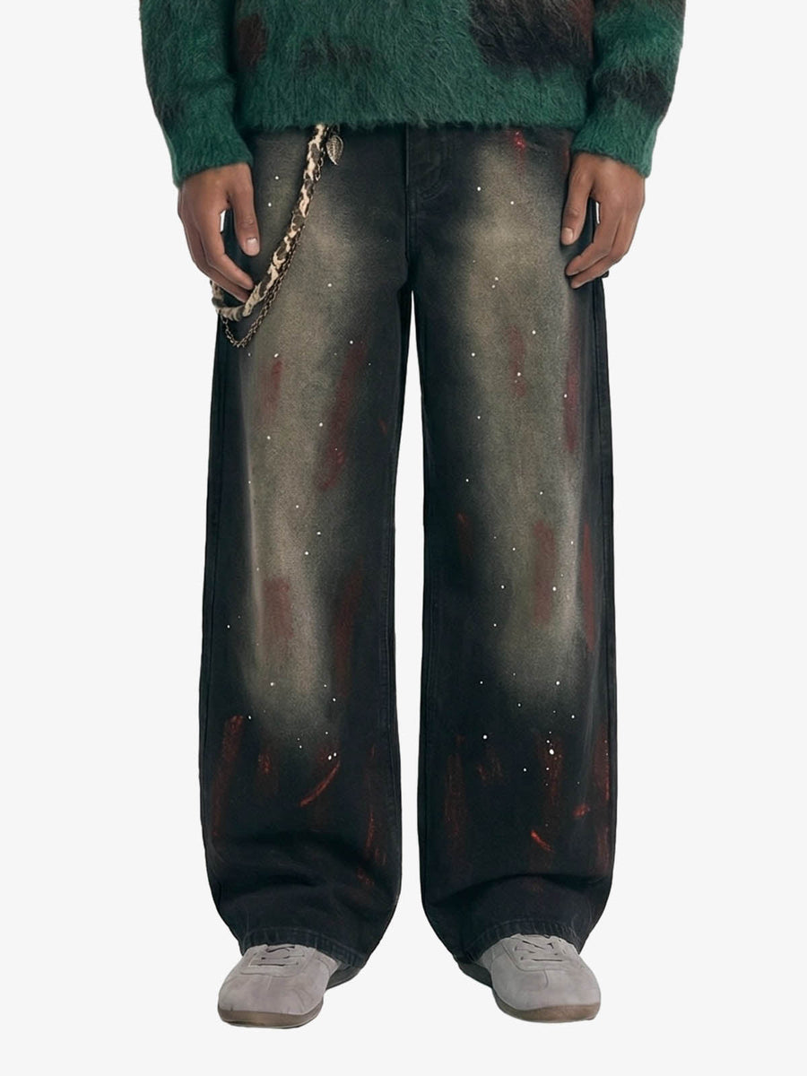 Vintage Inkjet Dirty Dye Washed Scimitar Distressed Jeans - Black / S