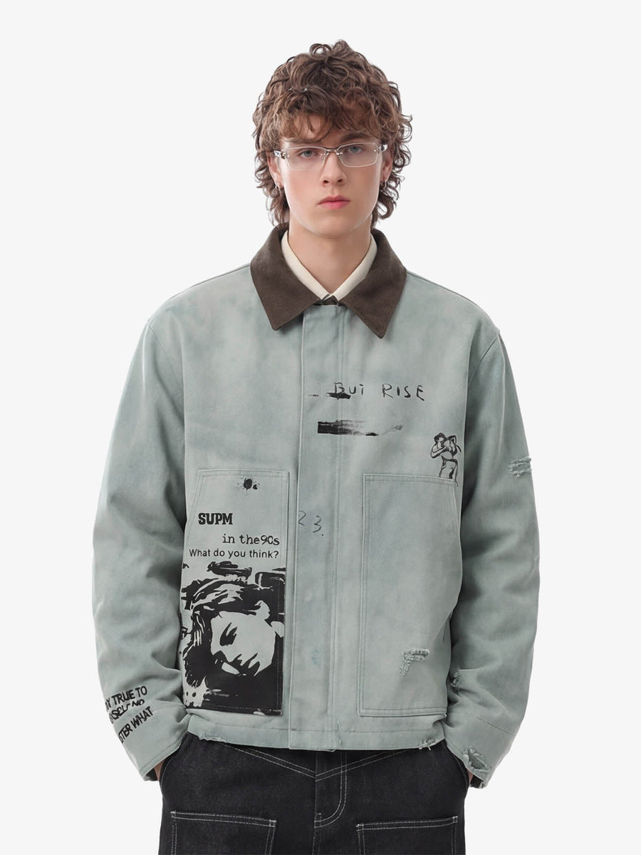 Vintage Washed Distressed Barn Work Jacket - 2582 - Blue / S
