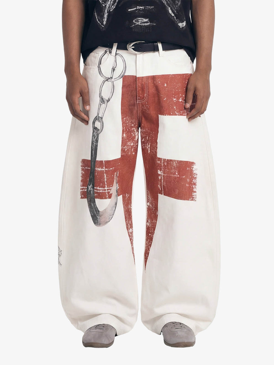 Vintage Distressed Chain Print Oversized Canvas Baggy Pants - White / S